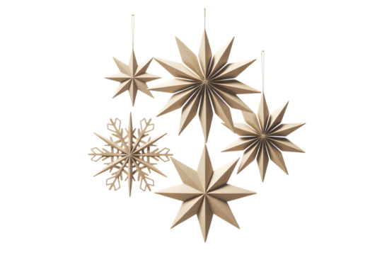 Elegant Christmas stars, festive snowflake ornaments, cozy holiday decor, winter celebration background, aesthetic golden beige decorations