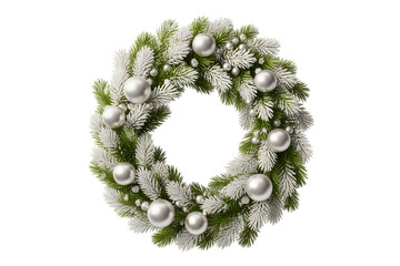 Elegant Christmas wreath with snowy fir branches, silver ornaments, festive holiday decor, winter celebration aesthetic, cozy background element for seasonal designs.