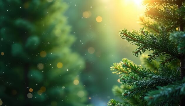 Closeup of evergreen tree branches with bokeh. Festive season background with sunlight and snow. Perfect for winter holiday designs and Christmas celebrations artwork. Ideal for greeting cards design.