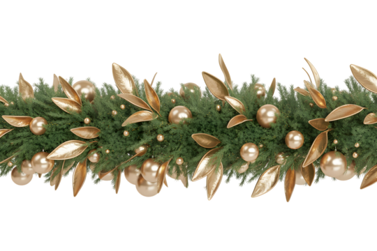 Elegant Christmas garland, shimmering golden ornaments, lush evergreen branches, festive holiday decor, winter celebration aesthetic, cozy background, luxurious seasonal design element.