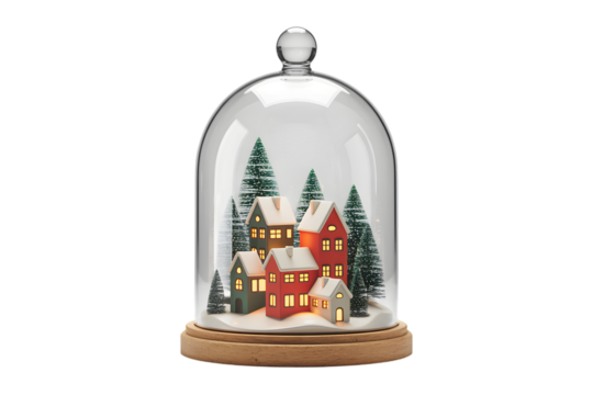 A charming Christmas winter village in a glass dome, festive holiday decor, cozy illuminated houses, snowy trees, warm light, elegant celebration aesthetic, magical winter wonderland background.
