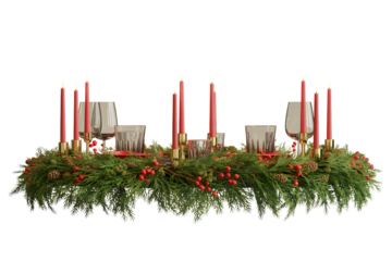 Elegant Christmas holiday centerpiece with red candles, green foliage, festive berries, pinecones, gold accents. Perfect cozy winter table decor, celebration aesthetic, warm background.