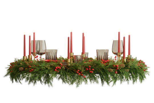 Elegant Christmas holiday centerpiece with red candles, green foliage, festive berries, pinecones, gold accents. Perfect cozy winter table decor, celebration aesthetic, warm background.
