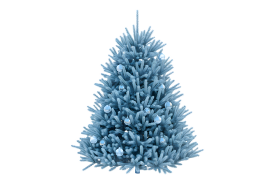 Elegant frosty Christmas tree, decorated with shiny blue baubles, perfect for holiday celebrations, winter themes, festive backgrounds, cozy decor, and aesthetic seasonal designs.