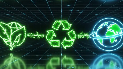 Digital Recycling Symbol with Green Neon Glow and Earth Icon for Environmental Sustainability. - Powered by Adobe