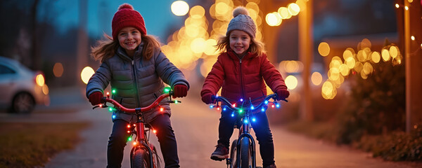Two happy young girls ride bicycles decorated with colorful lights in twilight. Children wear winter hats, jackets enjoying festive evening bike ride. Smiling girls on bikes with glowing decor in