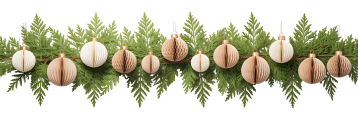 Festive Christmas garland, elegant decor, holiday celebration with green branches, cozy paper ornaments, warm aesthetic on black. Winter background, seasonal design.
