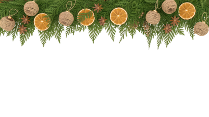 Christmas holiday garland border with natural decor, pine, cedar, dried orange slices, star anise, and cozy elegant ornaments. Festive winter aesthetic background for celebration, design, or season