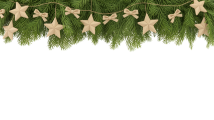 Elegant Christmas holiday border with lush evergreen branches, decorated with cozy beige stars, festive bows. Perfect winter decor, celebration background, natural aesthetic, blank space.