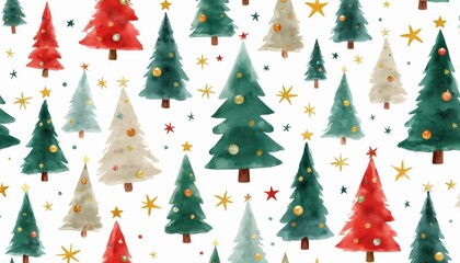 Fototapeta premium Watercolor seamless pattern with various decorated Christmas trees and stars. Festive design includes green red and cream trees with ornaments, suitable for holiday wrapping paper fabrics.