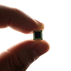 Close up of a person's fingers, holding a tiny electronic microchip with green circuit board and black square center, isolated on transparent background, AI