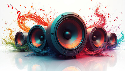 Multiple colorful speakers blast vibrant music. Dynamic sound waves, musical notes splash around, creating energetic audio experience. Modern sound equipment represents tech, entertainment, lively