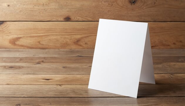 Blank white greeting card rests on rustic wood table. Empty space for text or image. Simple clean backdrop for messages. Advertise events or greetings.