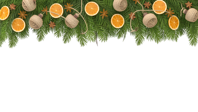 Festive Christmas pine garland with dried orange slices, star anise, and rustic twine decor on a black background. Perfect holiday, winter, cozy, elegant aesthetic banner.
