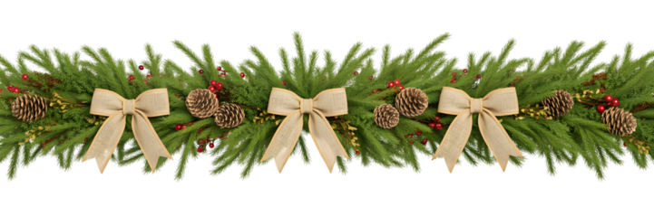 Elegant Christmas garland border with green pine, red berries, natural pinecones, and festive gold bows. Perfect holiday decor, celebration background, cozy winter aesthetic.