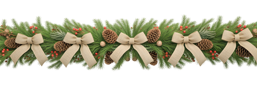 Elegant Christmas garland with pine branches, red berries, natural pinecones, and beige bows, a festive winter holiday decor background for celebrations and cozy aesthetic.