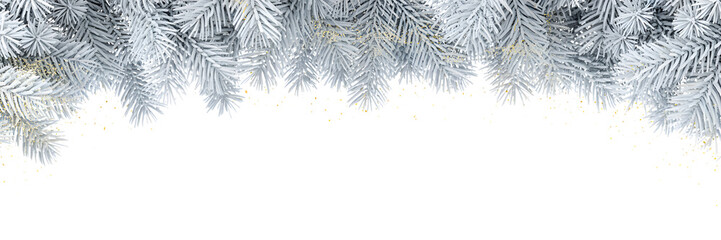 Elegant Christmas festive border with white frosted spruce branches, subtle golden details, cozy winter holiday background, celebration decor, modern aesthetic.
