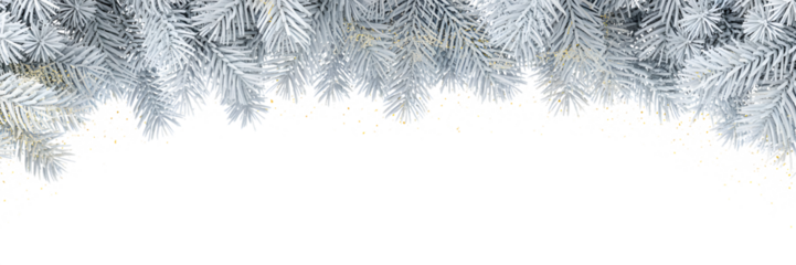 Elegant Christmas festive border with white frosted spruce branches, subtle golden details, cozy winter holiday background, celebration decor, modern aesthetic.