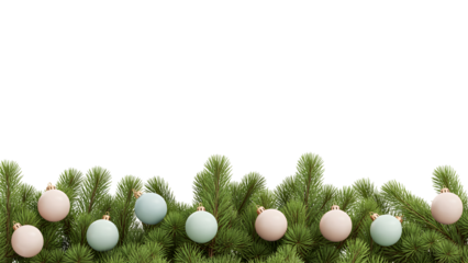 Christmas pine branches with elegant pastel ornaments on black background, festive holiday decor, cozy winter celebration, aesthetic design, simple banner