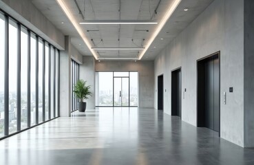 Spacious modern empty office lobby in high-rise building. Large windows offer city skyline view. Concrete walls, floor, ceiling with linear lights create clean, minimalist design. Multiple elevator