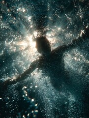 Fototapeta premium Sunlight pierces the water, illuminating a swimmer graceful dive into the deep blue. The image radiates freedom, serenity, and nature’s beauty.