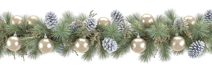 Elegant Christmas garland border, festive holiday decor with pine branches, gold ornaments, white pine cones, glitter, cozy winter celebration background, aesthetic design