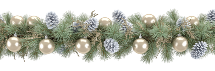 Elegant Christmas garland border, festive holiday decor with pine branches, gold ornaments, white pine cones, glitter, cozy winter celebration background, aesthetic design