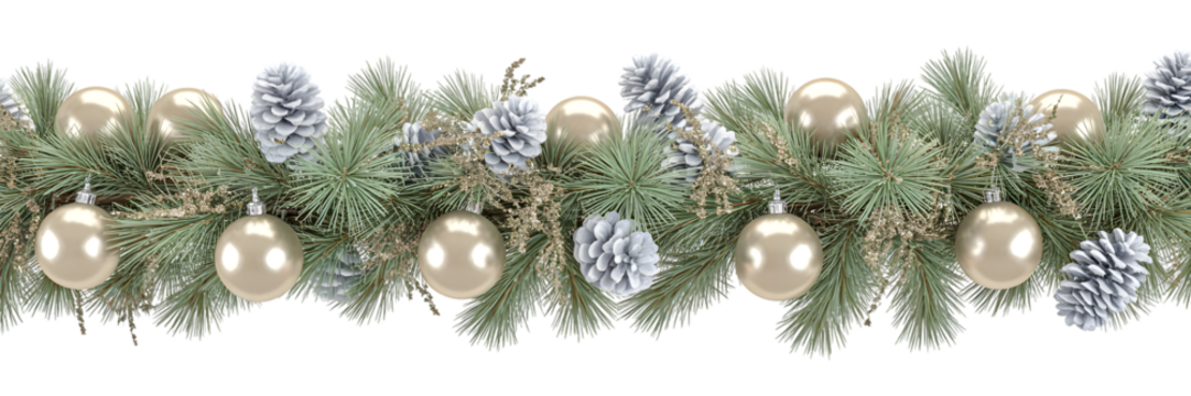 Elegant Christmas garland border, festive holiday decor with pine branches, gold ornaments, white pine cones, glitter, cozy winter celebration background, aesthetic design