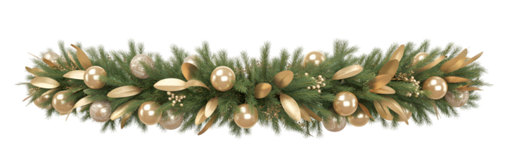 Elegant Christmas garland, festive border, luxurious golden ornaments, fir branches, cozy holiday decor, winter celebration aesthetic, seasonal design element, black background