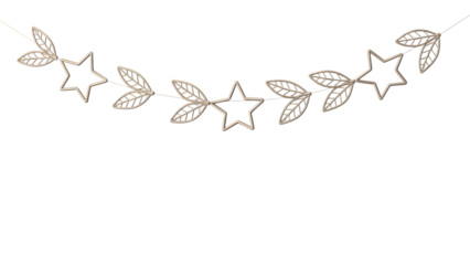 Elegant festive garland with stars, delicate leaves, perfect for Christmas, holiday, and celebration decor. Aesthetic golden outline on black background, winter design, cozy greeting.
