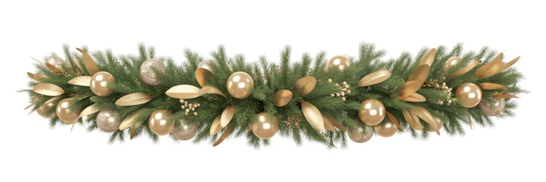 Elegant Christmas garland, festive border, luxurious golden ornaments, fir branches, cozy holiday decor, winter celebration aesthetic, seasonal design element, black background