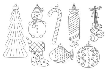 Christmas tree bauble set lollipop, fish, snowman, stocking festive decor doodle outline hand drawn vector illustration for winter holiday seasonal greeting card, invitation, sticker, line art clipart