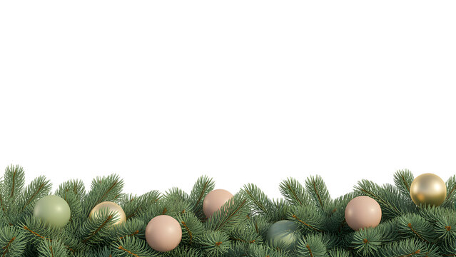 Elegant Christmas garland border, fresh pine branches, stylish green, gold, pale pink ornaments, festive holiday decor background, cozy winter celebration aesthetic, clean design.