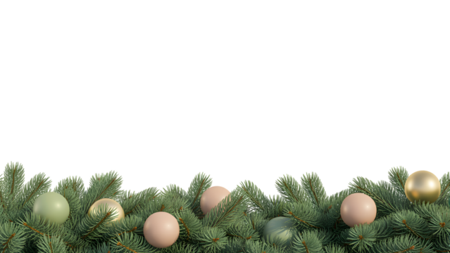 Elegant Christmas garland border, fresh pine branches, stylish green, gold, pale pink ornaments, festive holiday decor background, cozy winter celebration aesthetic, clean design.