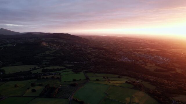 Sunset Drone View Across Welsh Countryside and Hills