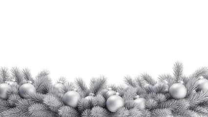 Elegant Christmas border, silver ornaments, white pine branches, festive decor, winter holiday background, cozy celebration aesthetic, seasonal design element.