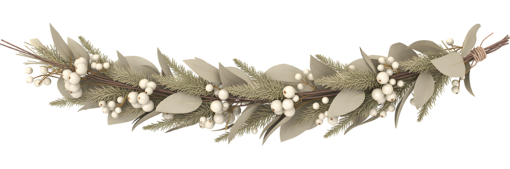 Elegant winter garland with white berries, eucalyptus, pine needles, rustic twigs. Perfect for Christmas, holiday, festive decor, cozy background, seasonal celebration aesthetic.