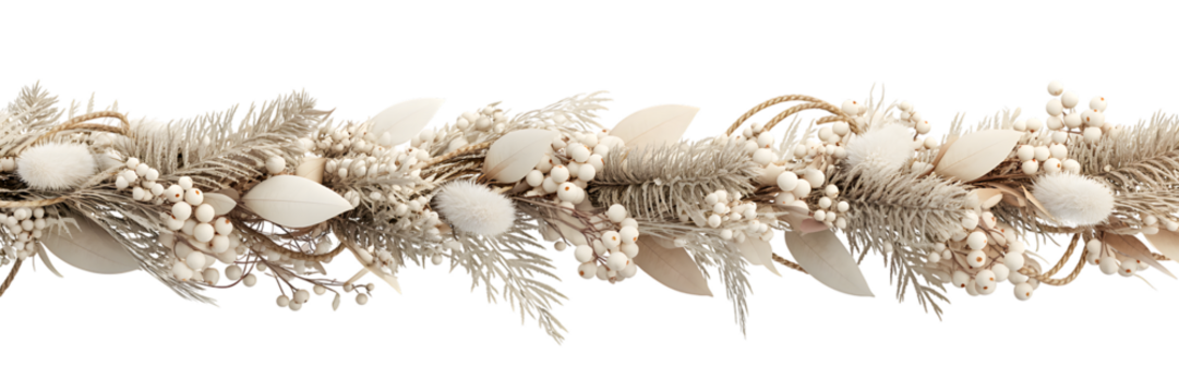 Elegant winter garland, festive holiday decor with white & cream berries, natural botanical arrangement, cozy aesthetic background, Christmas celebration, beautiful seasonal decor.
