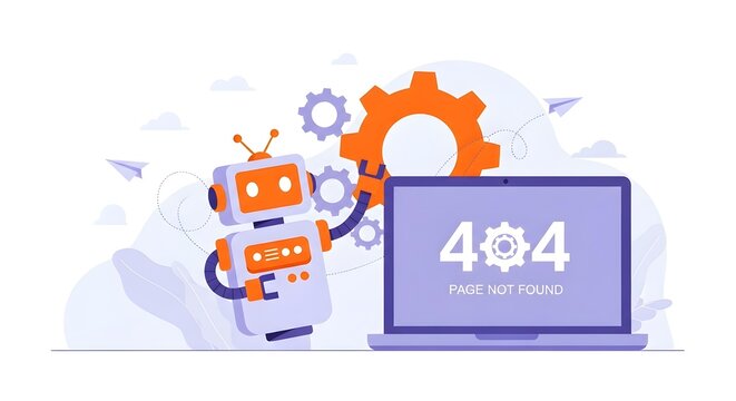 404 error page background Cute robot with gears and laptop displaying 404 error page