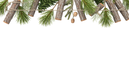 Rustic Christmas holiday border, natural pine branches, wood logs, twine, cozy festive decor, elegant winter background, seasonal celebration frame, aesthetic design element, green, brown