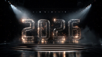 2026 sparkling marquee numbers on stage — holiday background