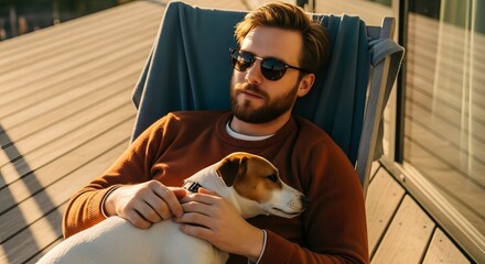 Man relaxing on a deck chair with his dog on a sunny day, enjoying leisure time outdoors