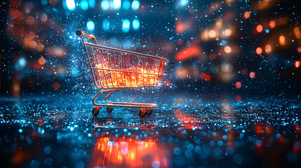 Futuristic shopping cart with glowing neon lights in abstract cyber background. Concept of digital e-commerce, technology retail, and online shopping. Black Friday or Cyber Monday promotion concepts.