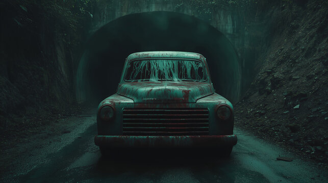 An old car sits deserted in a dimly lit tunnel, draped in eerie shadows and mist. The scene captures mystery, decay, and haunting solitude. Mysticism, fear on the road.