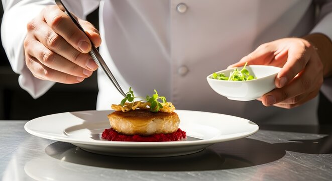 Chef meticulously garnishing a gourmet dish with fresh herbs, creating a culinary masterpiece
