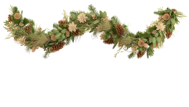 Elegant Christmas garland with natural pine cones, lush green foliage, festive holiday decorations, winter border, cozy seasonal decor, celebration background, rustic aesthetic, perfect for designs