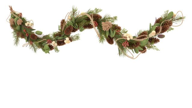 Elegant Christmas garland with pine cones, red berries, green needles, cozy winter decor, holiday celebration, festive background, seasonal aesthetic, natural design.