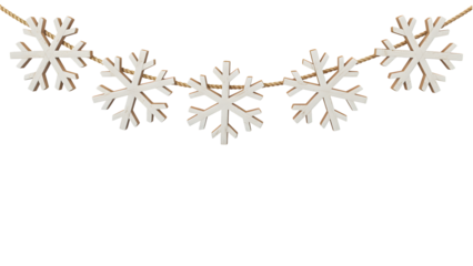 Rustic wooden snowflake garland on rope, white festive Christmas decor, cozy winter holiday background, elegant celebration aesthetic, isolated design element, natural wood texture.