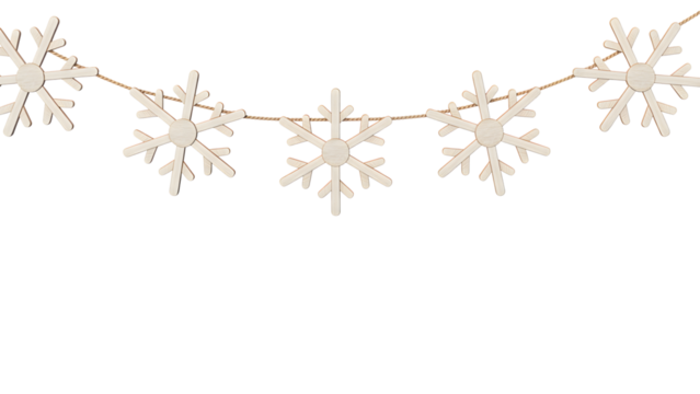 Beautiful wooden snowflakes garland on string, natural, rustic Christmas, holiday, festive decor, elegant winter celebration, cozy background, aesthetic design.