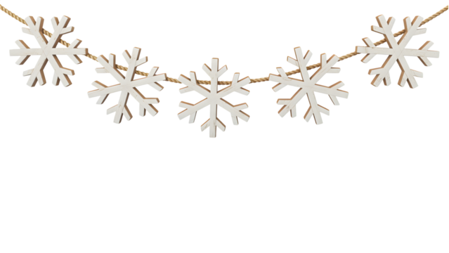 Rustic wooden snowflake garland on rope, white festive Christmas decor, cozy winter holiday background, elegant celebration aesthetic, isolated design element, natural wood texture.